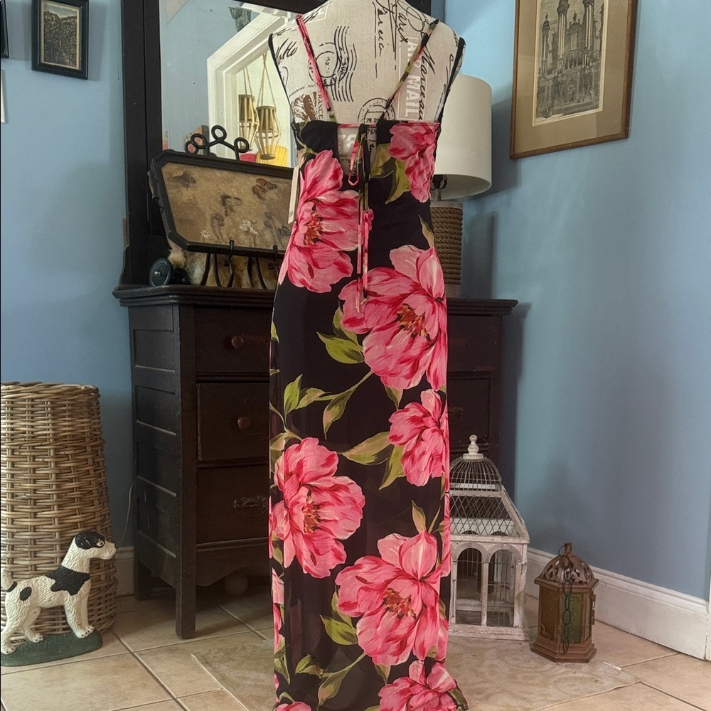 Persaya Black and Pink Floral Print Adjustable Strap Mesh Maxi Dress NWT - Picture 7 of 14